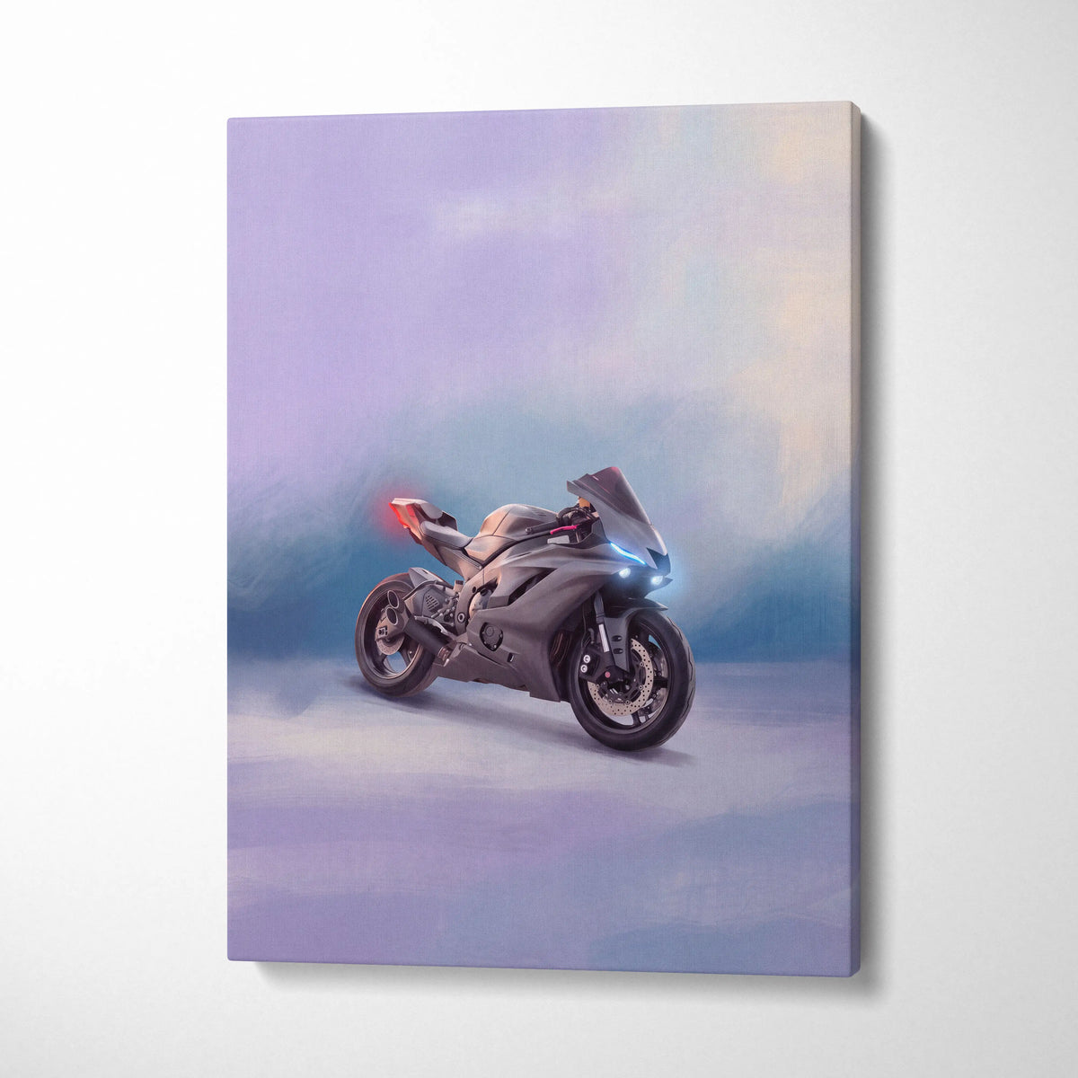 Gray sport motorcycle canvas print with glowing blue headlights and red taillight inspired by Yamaha YZF-R6 track bike