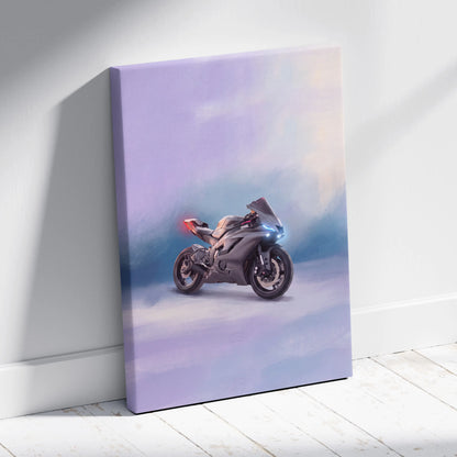 Yamaha YZF-R6 inspired sleek gray motorcycle canvas print with glowing red and blue lights on white wall