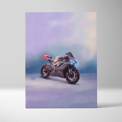 A sleek matte gray yamaha yzf-r6 inspired supersport motorcycle with glowing blue headlights and red taillight wall art