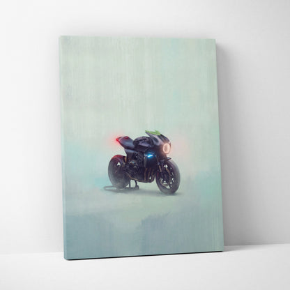 Custom honda cb1000r inspired neo cafe racer wall art featuring a sleek black motorcycle with glowing red and blue lights on teal