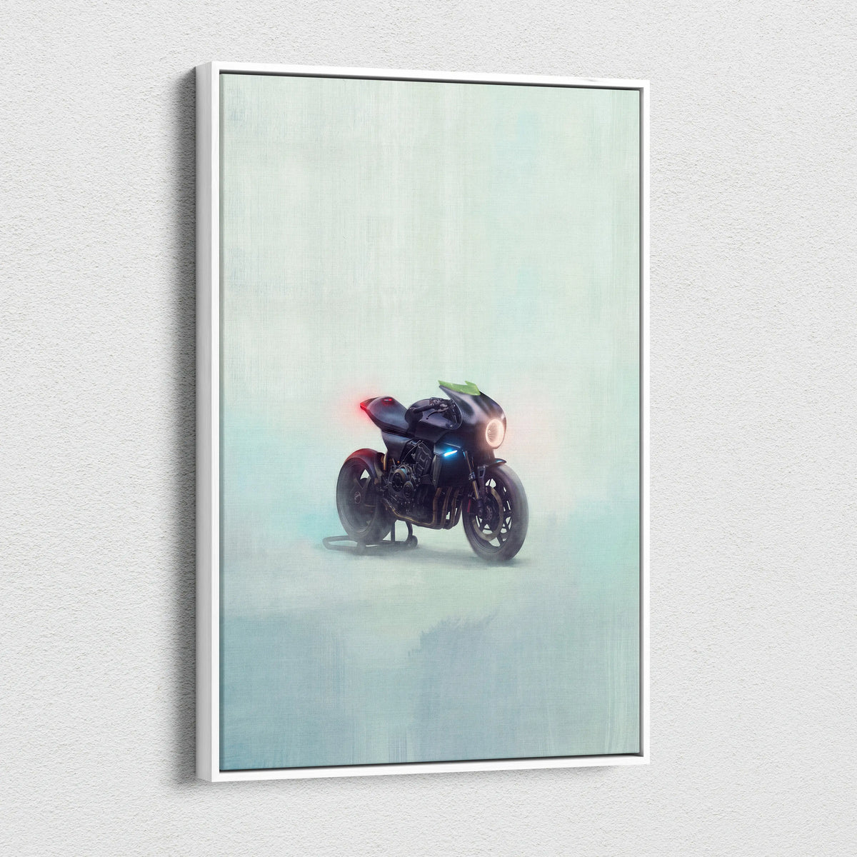 A sleek black custom Honda CB1000R inspired motorcycle wall art with glowing blue and red lights in white frame