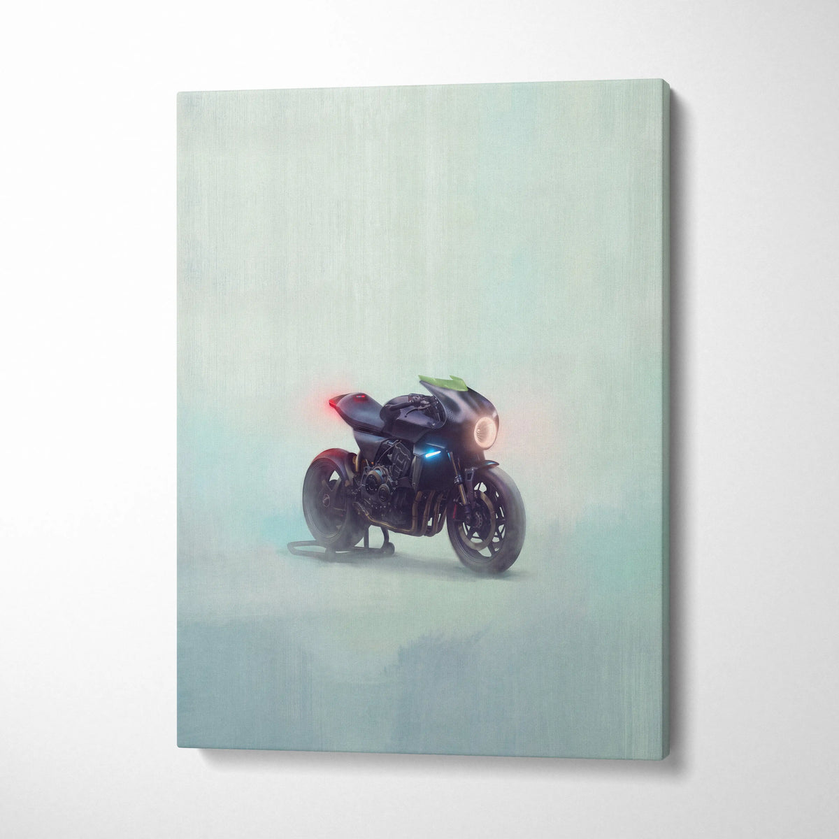 Custom honda cb1000r inspired sleek black motorcycle wall art with glowing blue and red lights on canvas print
