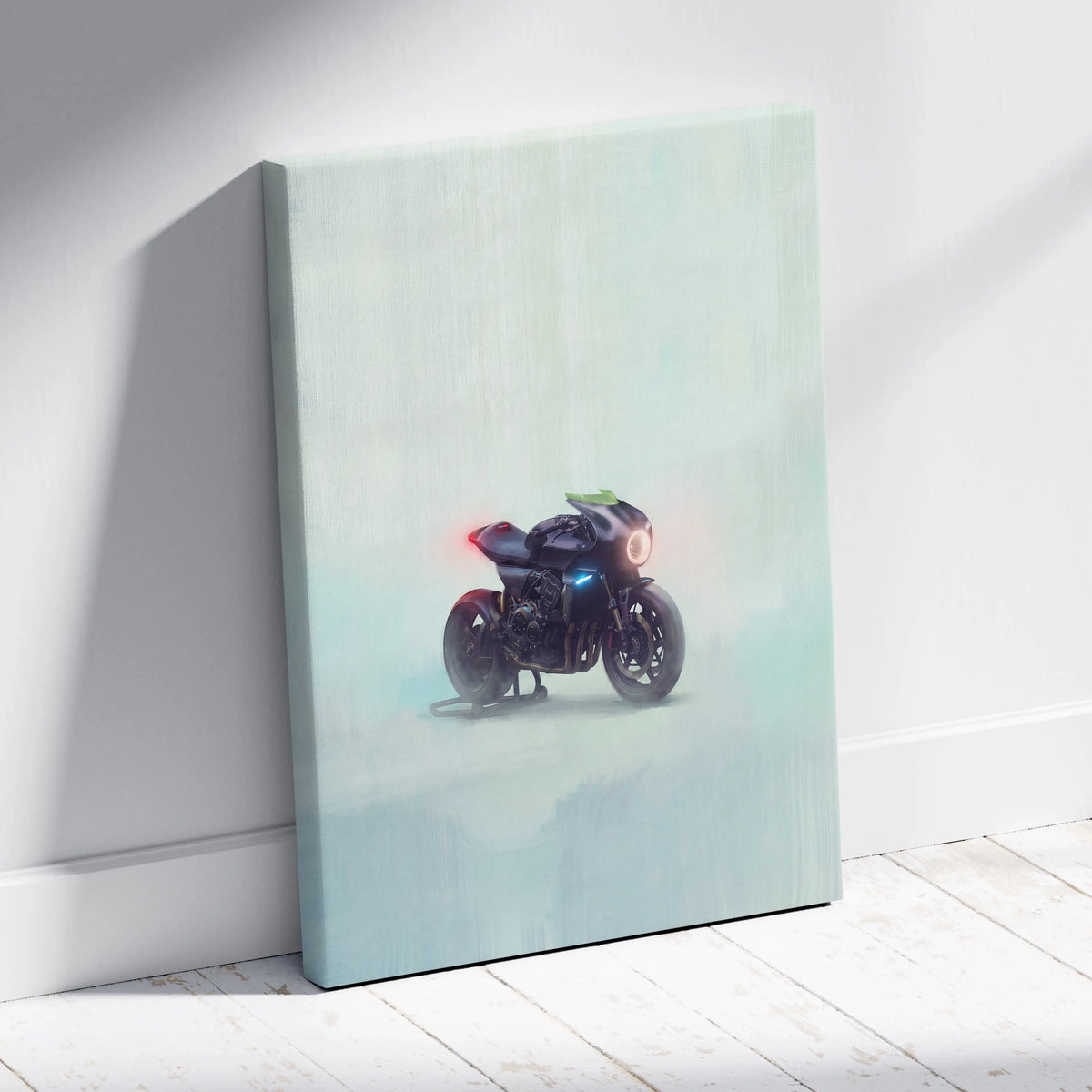 Custom honda cb1000r inspired sleek black motorcycle wall art with glowing red and blue lights on mint green canvas