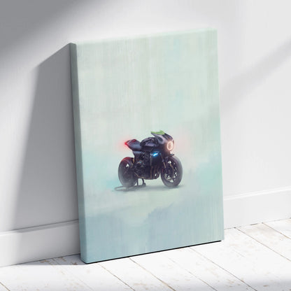 Custom honda cb1000r inspired sleek black motorcycle wall art with glowing red and blue lights on mint green canvas