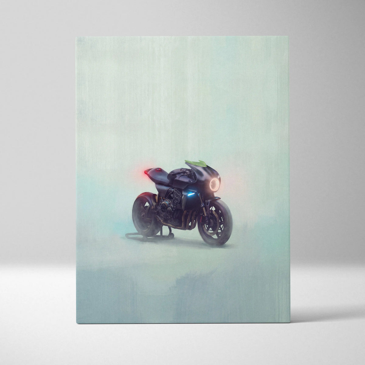 Custom honda cb1000r inspired motorcycle wall art with sleek black bike and glowing red and blue lights on canvas