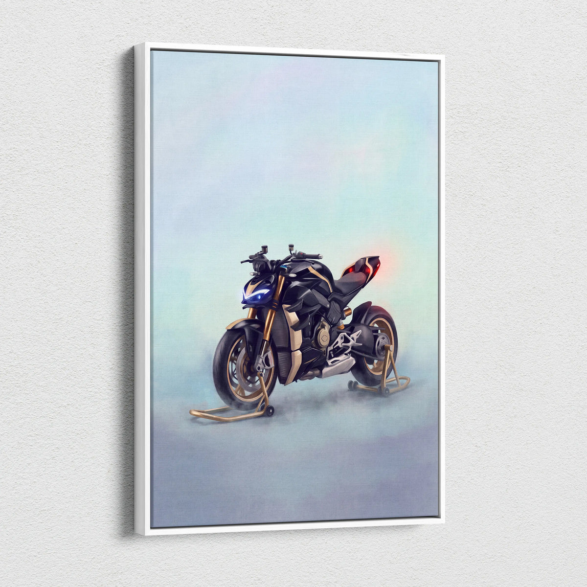 Black and gold ducati streetfighter v4 canvas art in white frame for hypernaked poster and luxury garage decor
