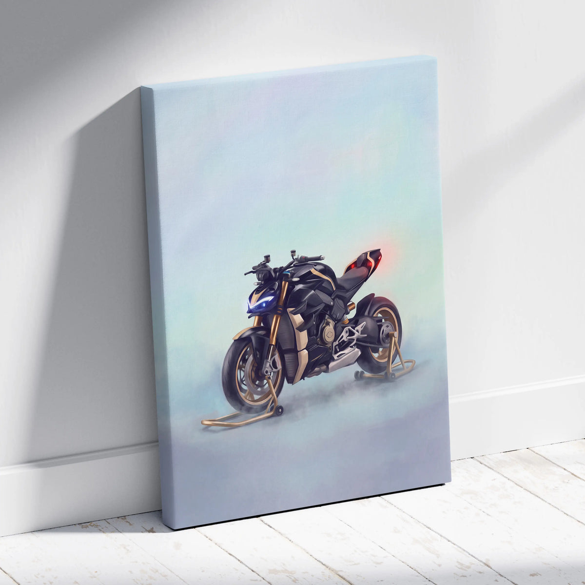 Black and gold ducati streetfighter v4 canvas art with glowing red taillight hypernaked luxury garage decor
