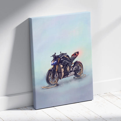 Black and gold ducati streetfighter v4 canvas art with glowing red taillight hypernaked luxury garage decor