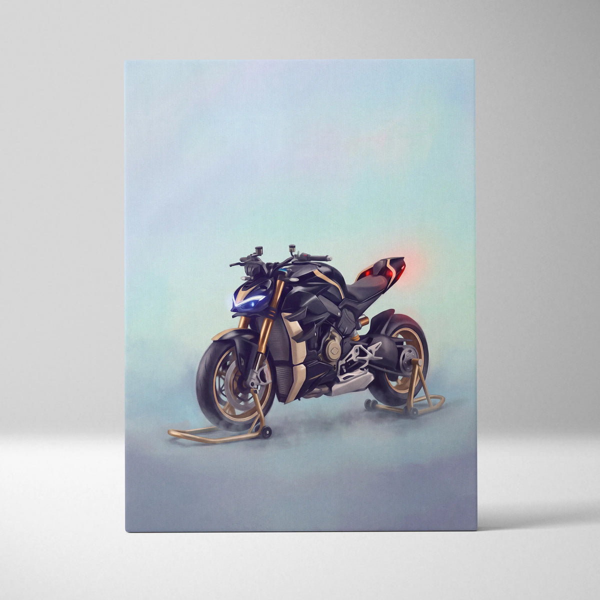 Illustration of a black and gold ducati streetfighter v4 with glowing blue headlights and red taillight on canvas art