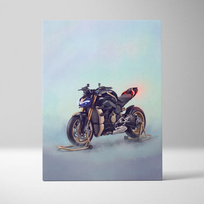 Illustration of a black and gold ducati streetfighter v4 with glowing blue headlights and red taillight on canvas art