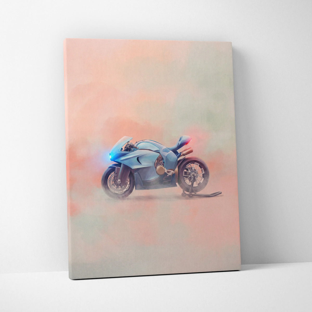 A sleek light blue bugatti concept bike inspired supersport illustration printed on canvas wall art decor