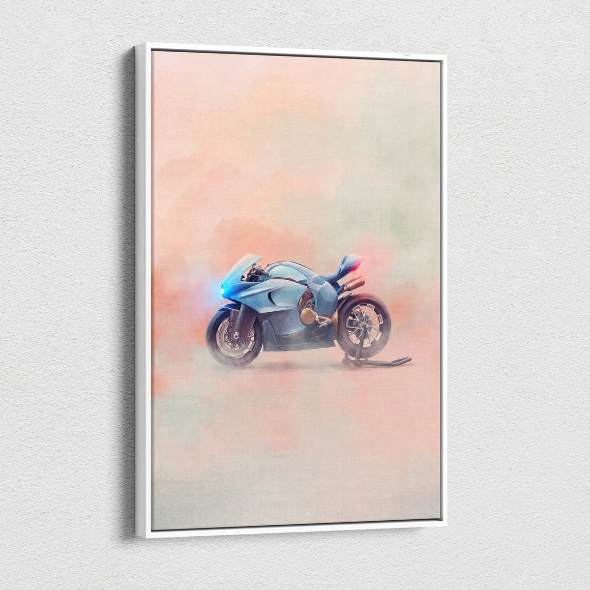 A sleek light blue bugatti concept bike inspired supersport motorcycle illustration framed in white wall art