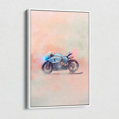 A sleek light blue bugatti concept bike inspired supersport motorcycle illustration framed in white wall art