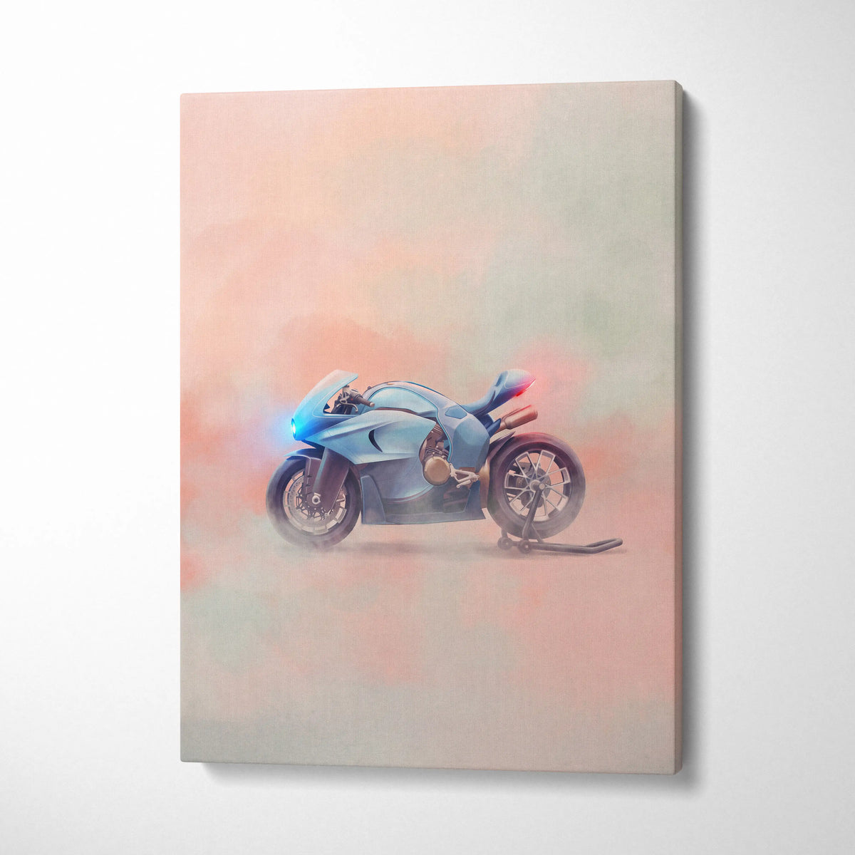 A sleek light blue Bugatti concept bike on canvas featuring futuristic supersport wall art and decor print