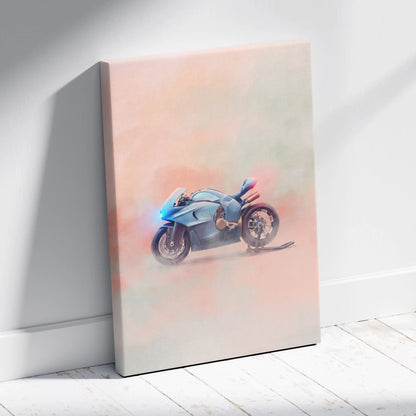 A light blue motorcycle illustration on canvas wall art inspired by Bugatti concept bike futuristic superbike design