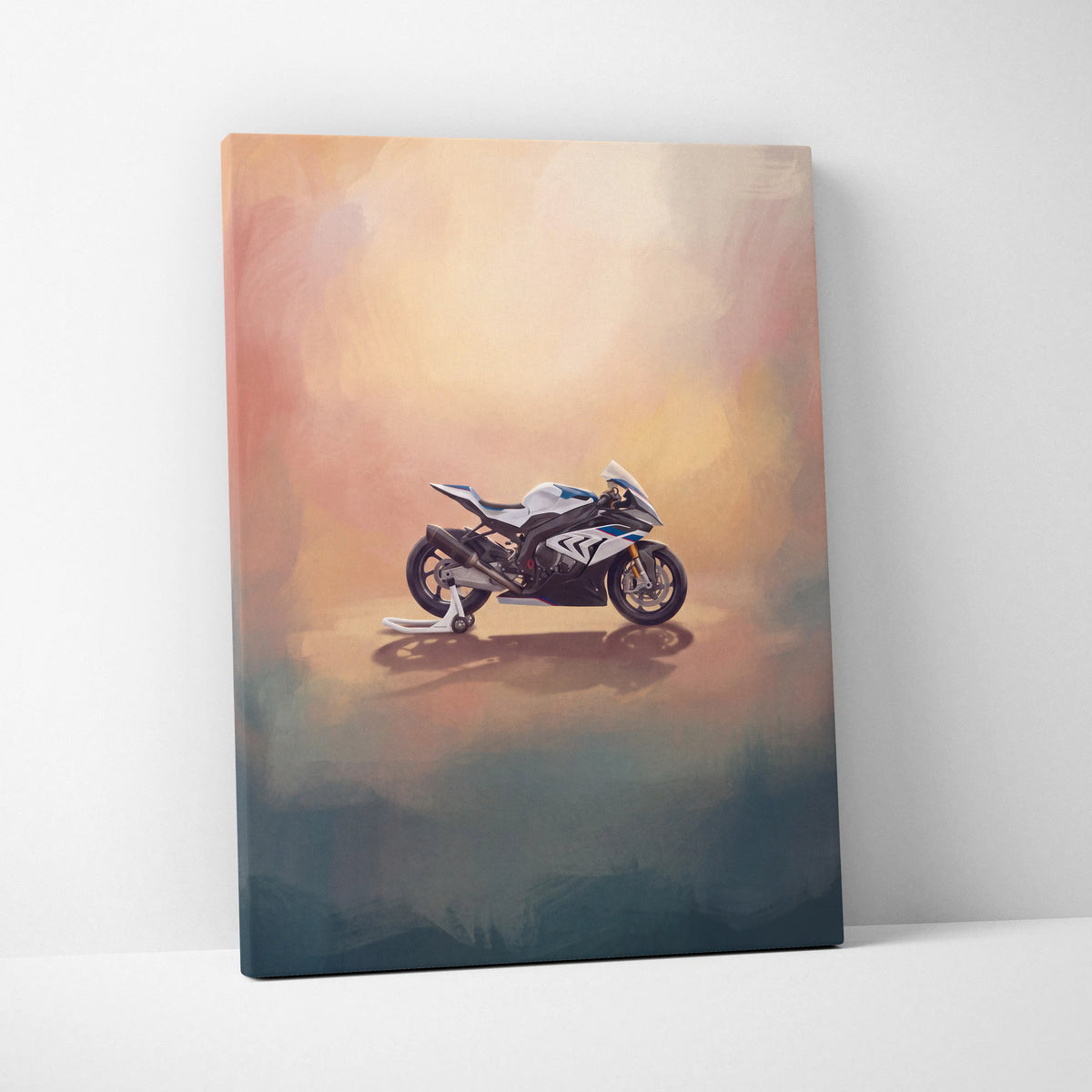 White and blue bmw s1000rr inspired sport bike canvas painting with soft blended background for modern motorcycle decor