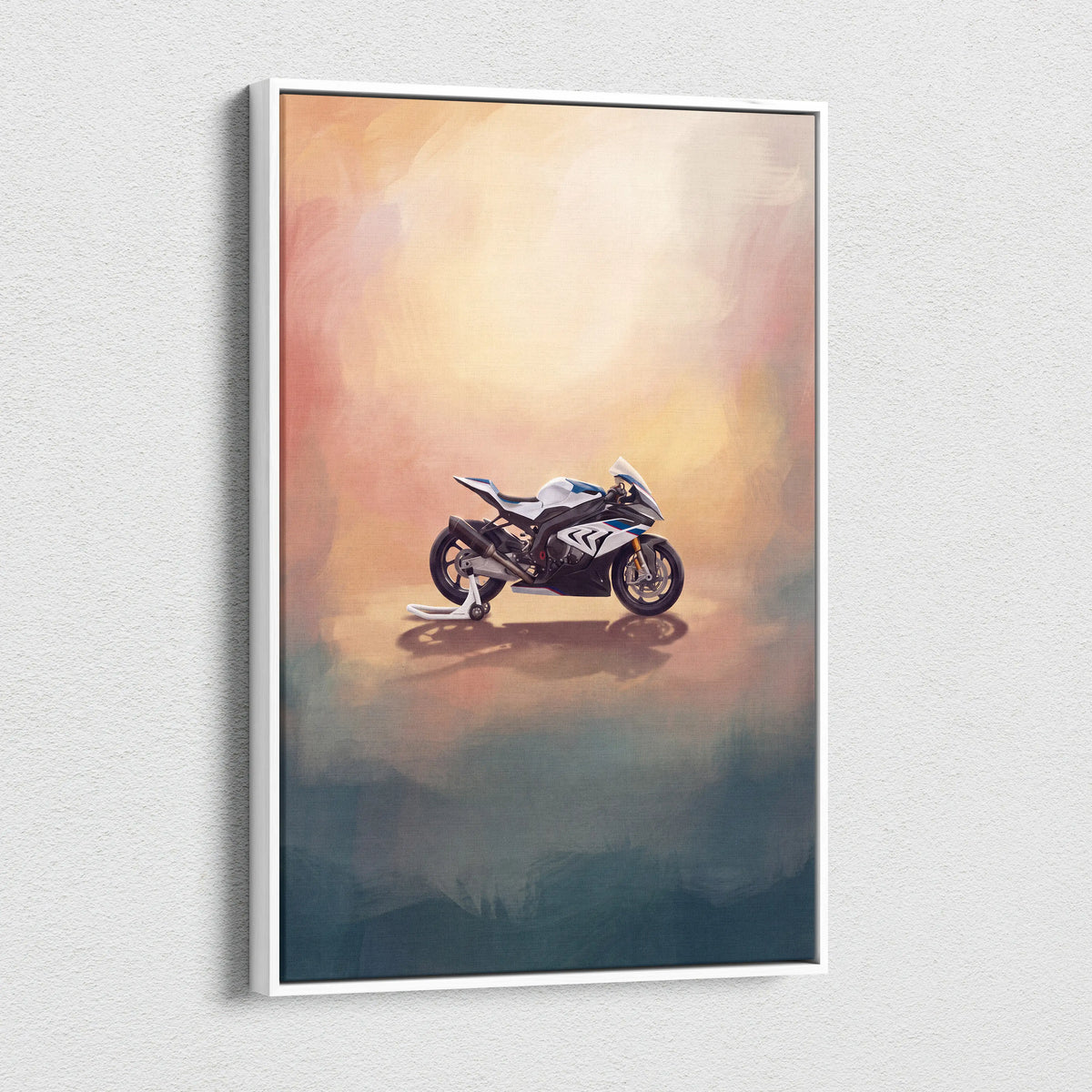 White-framed canvas print of a white and blue bmw s1000rr motorcycle illustration for modern sport bike decor