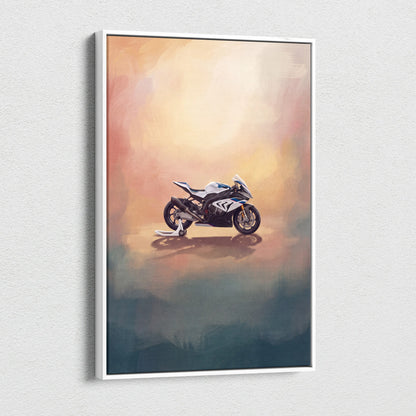 White-framed canvas print of a white and blue bmw s1000rr motorcycle illustration for modern sport bike decor