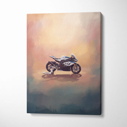 White and blue bmw s1000rr inspired sport bike canvas artwork modern motorcycle wall decor for track day fans