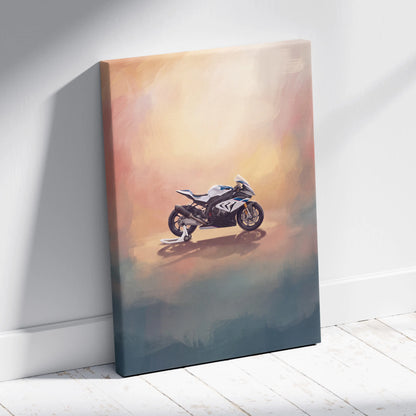 A white and blue bmw s1000rr sport bike canvas print with peach orange and teal gradient background for modern decor