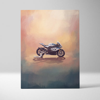 White and blue bmw s1000rr inspired sport bike artwork on canvas modern motorcycle wall decor for track day fans