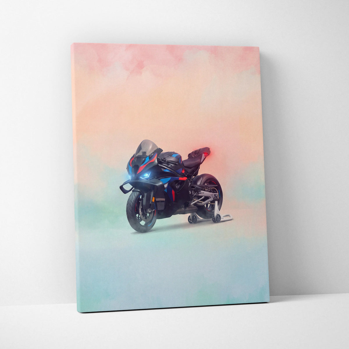 Bmw m1000rr inspired canvas art featuring a sleek black and blue sport motorcycle with red accents on pastel background