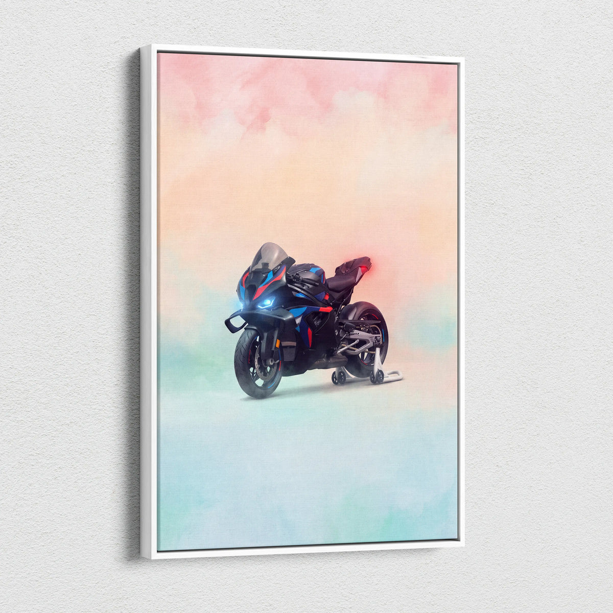 Black and blue racing motorcycle canvas art in white frame inspired by BMW M1000RR for motorcycle wall decor