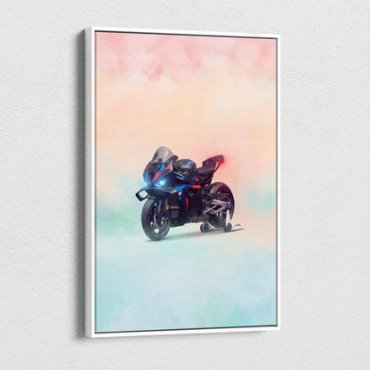 Black and blue racing motorcycle canvas art in white frame inspired by BMW M1000RR for motorcycle wall decor