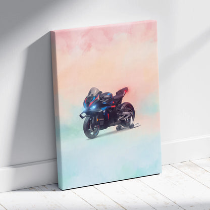Bmw m1000rr inspired canvas art featuring a sleek black and blue motorcycle with red accents in watercolor style