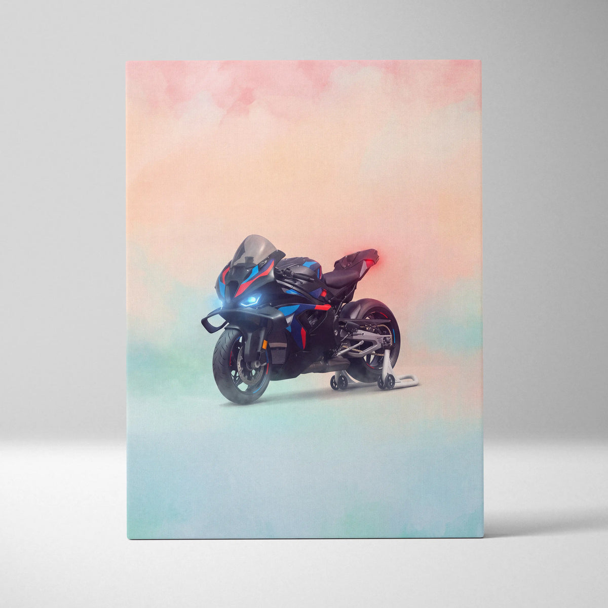 Bmw m1000rr inspired canvas art featuring a black and blue sport motorcycle with red accents for wall decor