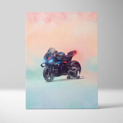Bmw m1000rr inspired canvas art featuring a black and blue sport motorcycle with red accents for wall decor