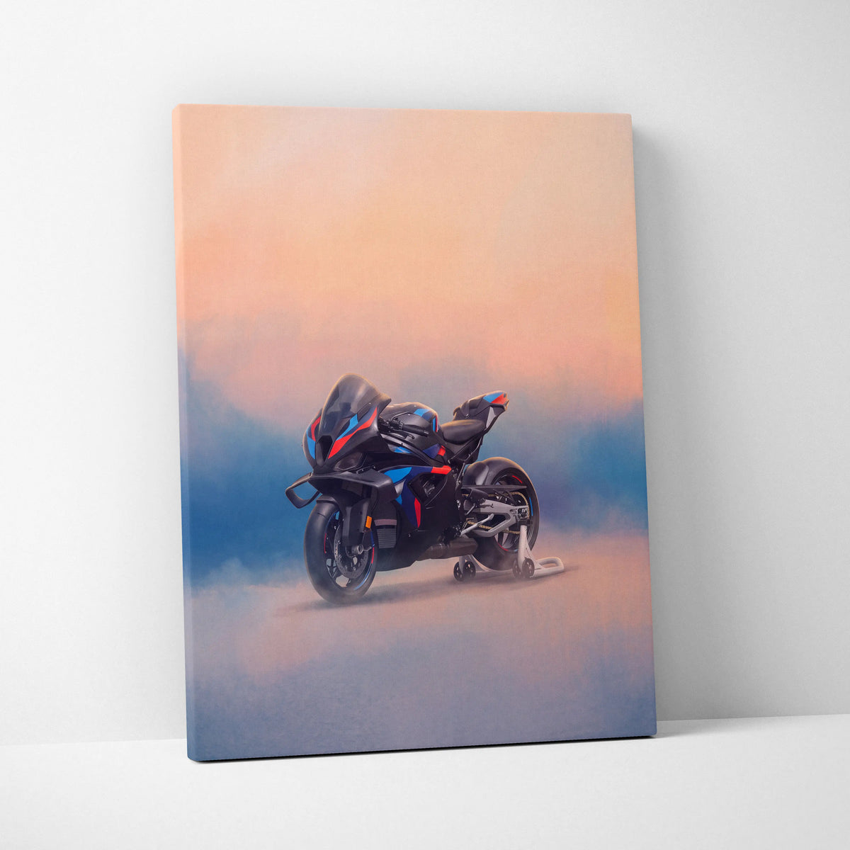Black and blue sport motorcycle canvas print with red accents inspired by bmw m1000rr modern garage decor wall art