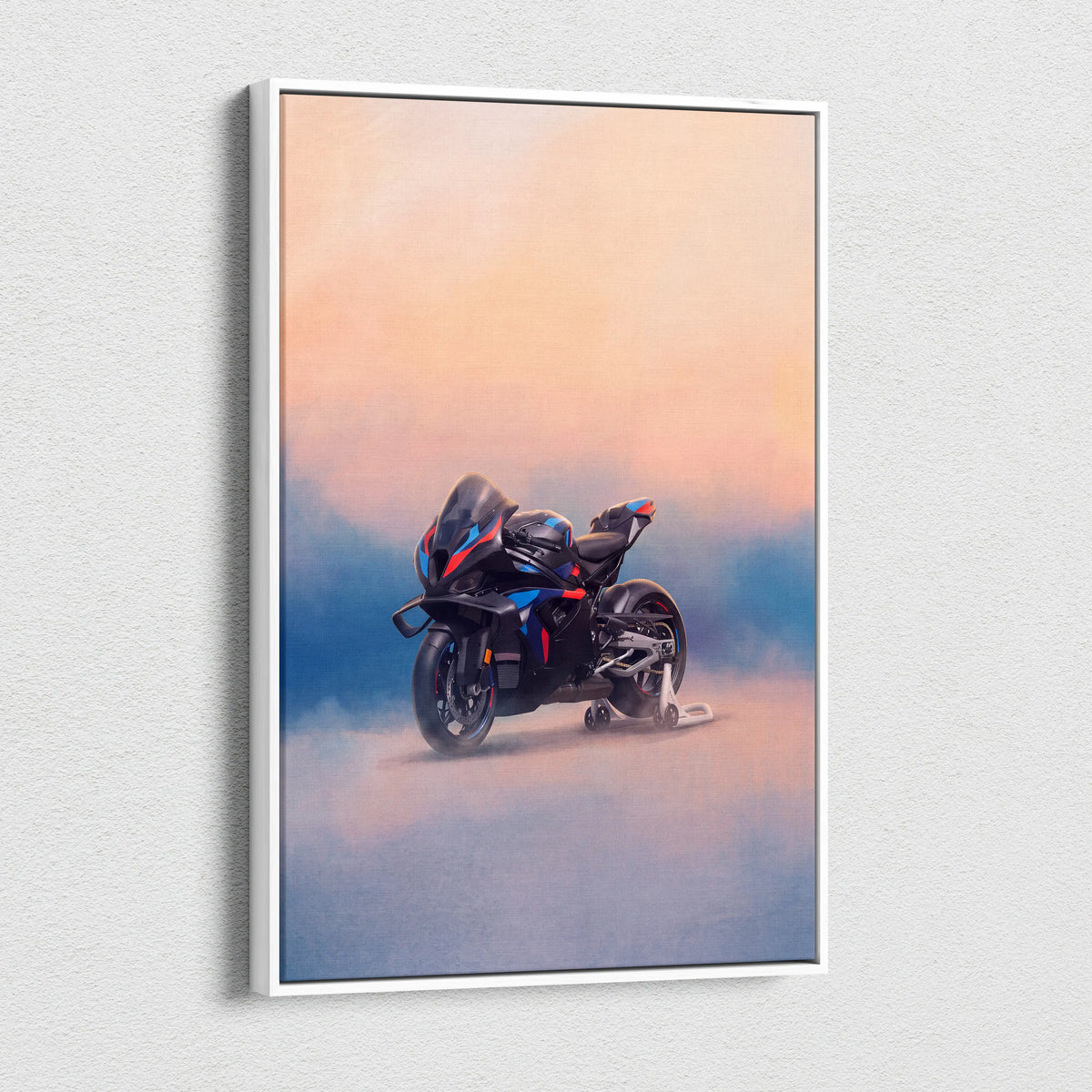 Black and blue bmw m1000rr inspired sport bike poster in white frame modern garage wall art print