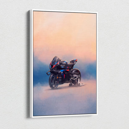 Black and blue bmw m1000rr inspired sport bike poster in white frame modern garage wall art print