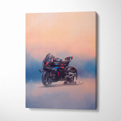 Black and blue sport motorcycle with red accents on canvas print featuring BMW M1000RR inspired superbike wall art