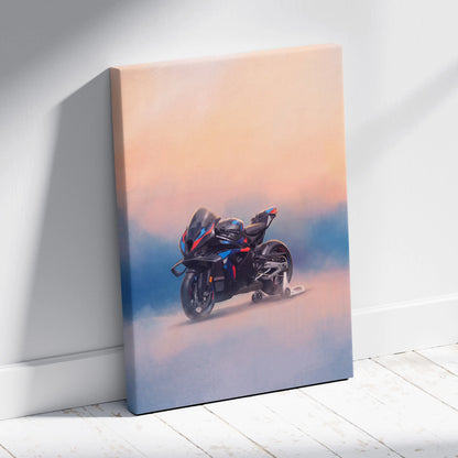A sleek black and blue bmw m1000rr sport bike canvas print with red accents leaning against a white wall