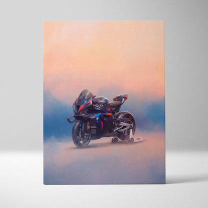 Black and blue BMW M1000RR inspired sport bike wall art with red accents for modern garage decor and superbike print