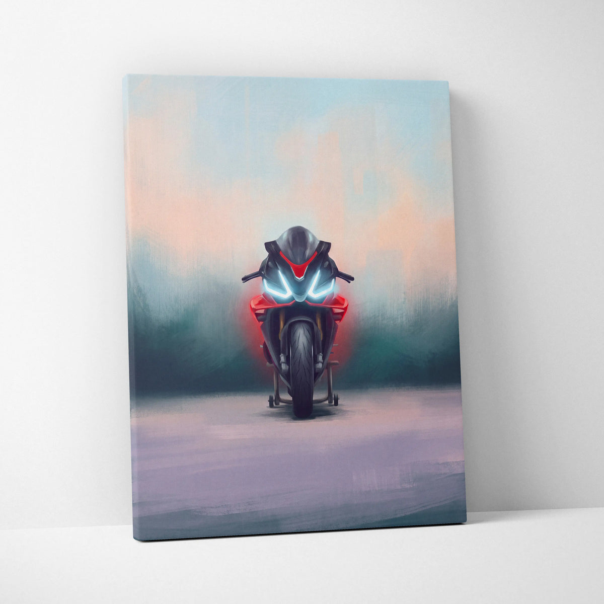 A vibrant red and black Aprilia RSV4 Factory inspired sport bike wall art with glowing blue headlights on canvas