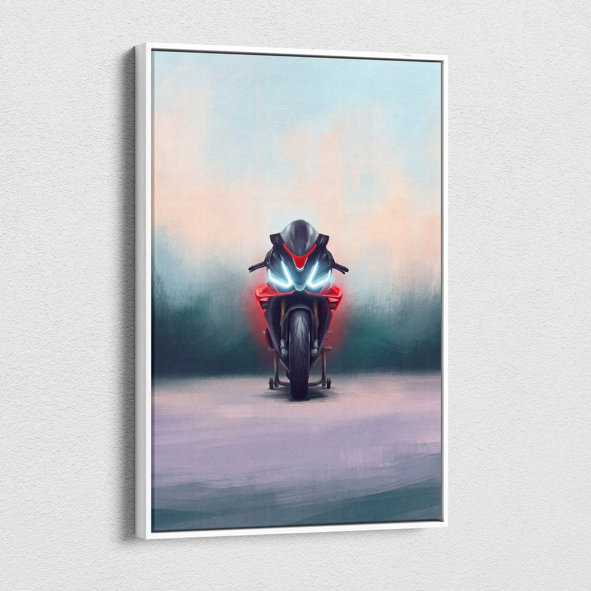 A framed canvas print of a red and black aprilia rsv4 factory inspired sport bike with glowing blue headlights in a white frame