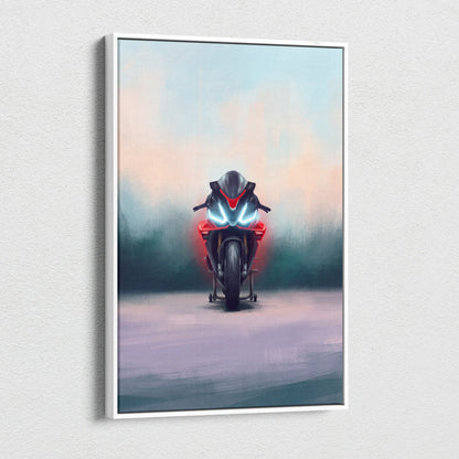 A framed canvas print of a red and black aprilia rsv4 factory inspired sport bike with glowing blue headlights in a white frame