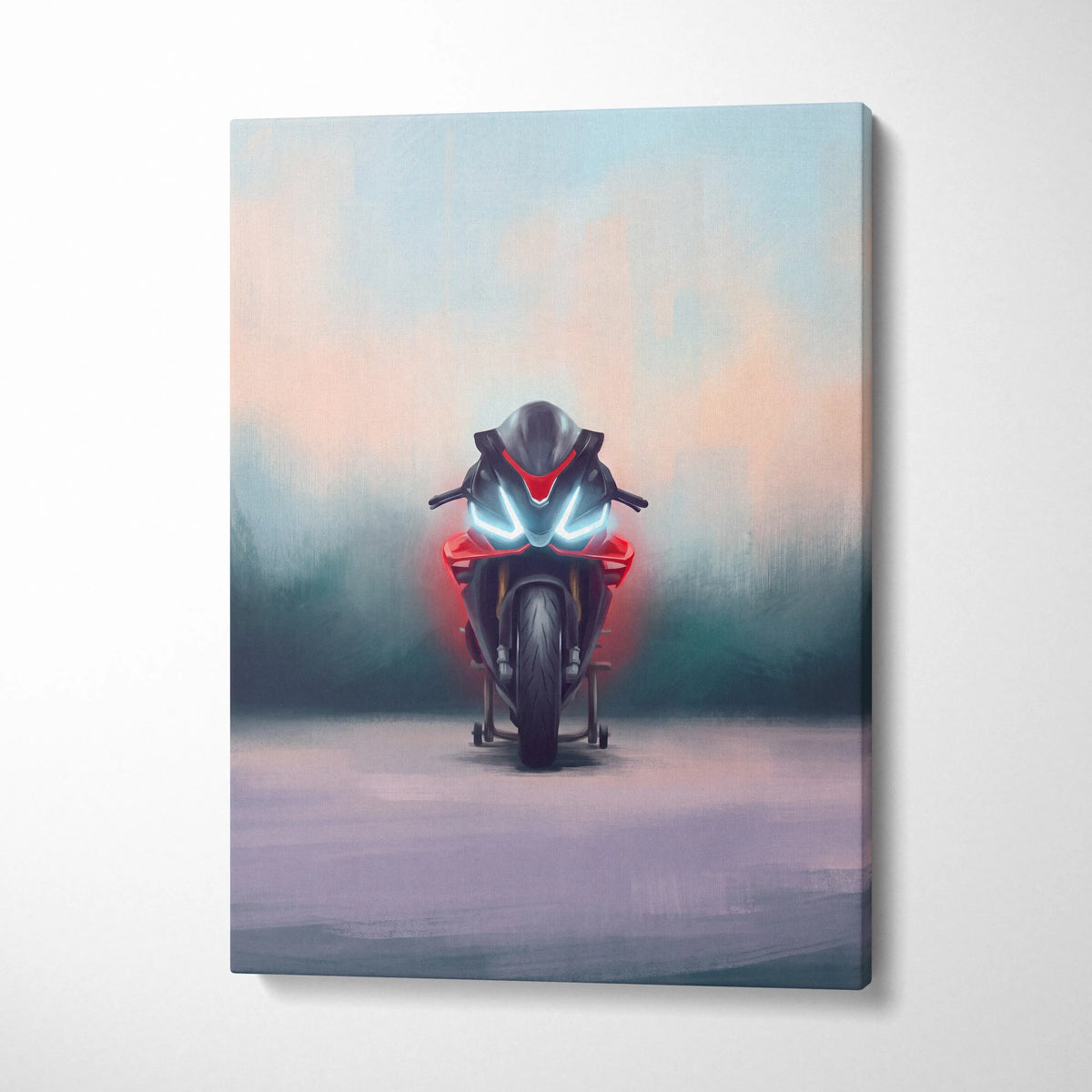 A sleek red and black aprilia rsv4 factory inspired sport bike canvas wall art with glowing blue headlights