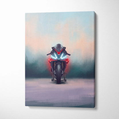 A sleek red and black aprilia rsv4 factory inspired sport bike canvas wall art with glowing blue headlights