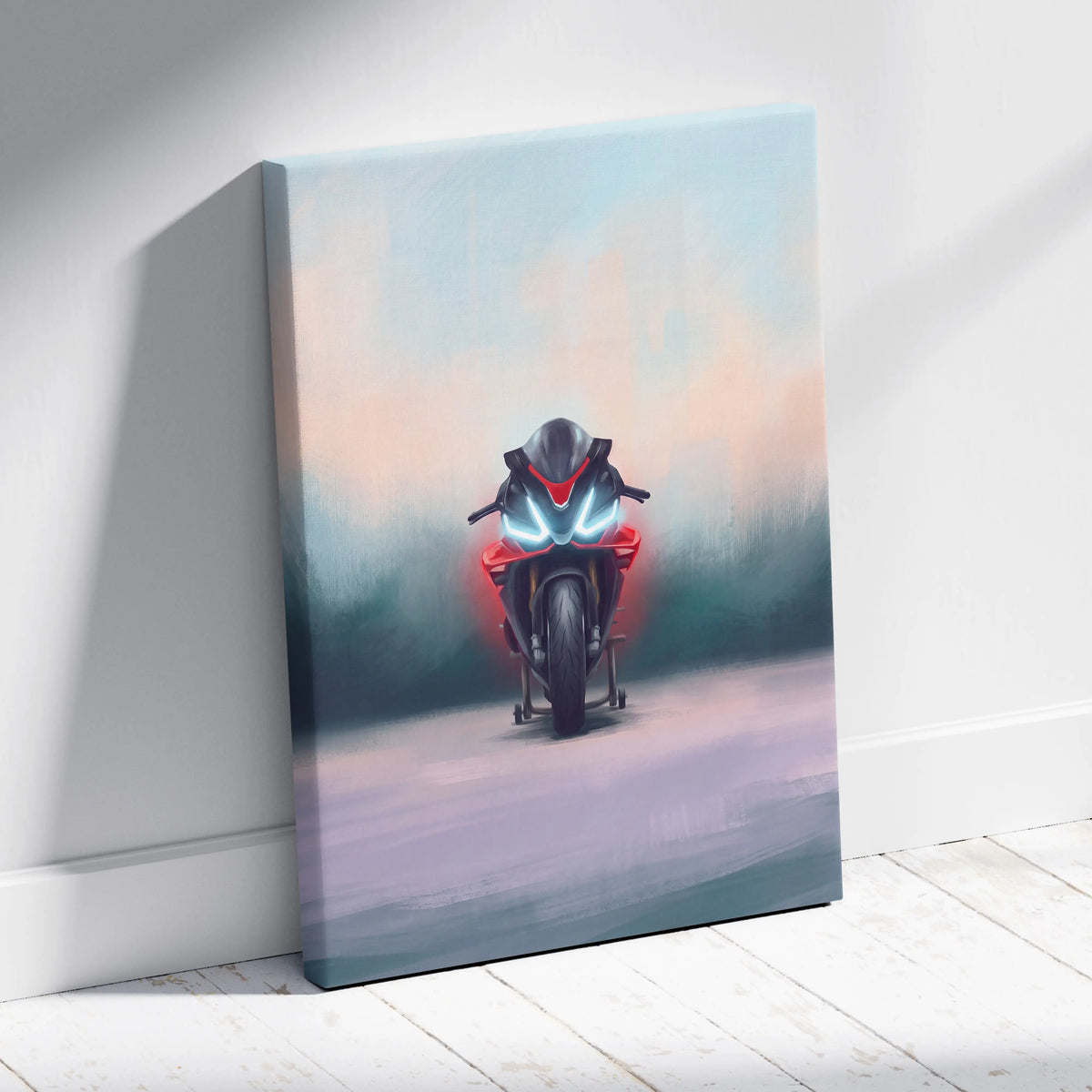 Aprilia rsv4 factory inspired sport bike wall art featuring a vibrant red and black motorcycle with glowing blue headlights