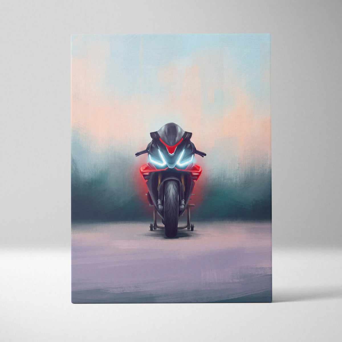 Red and black Aprilia RSV4 factory inspired sport bike wall art with glowing blue headlights superbike print gift