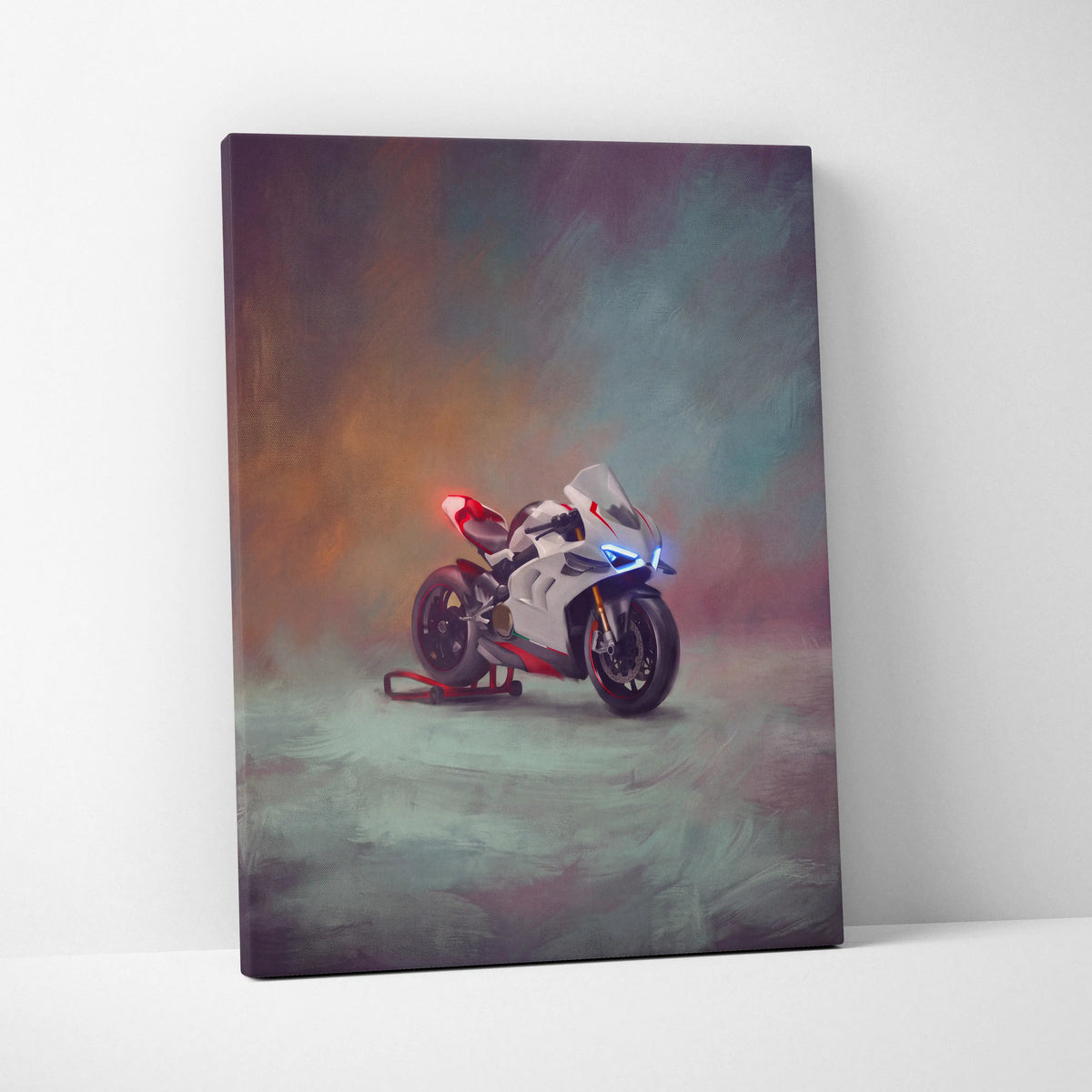 Ducati Panigale V4 inspired sport bike wall art featuring white and red superbike painting on canvas print