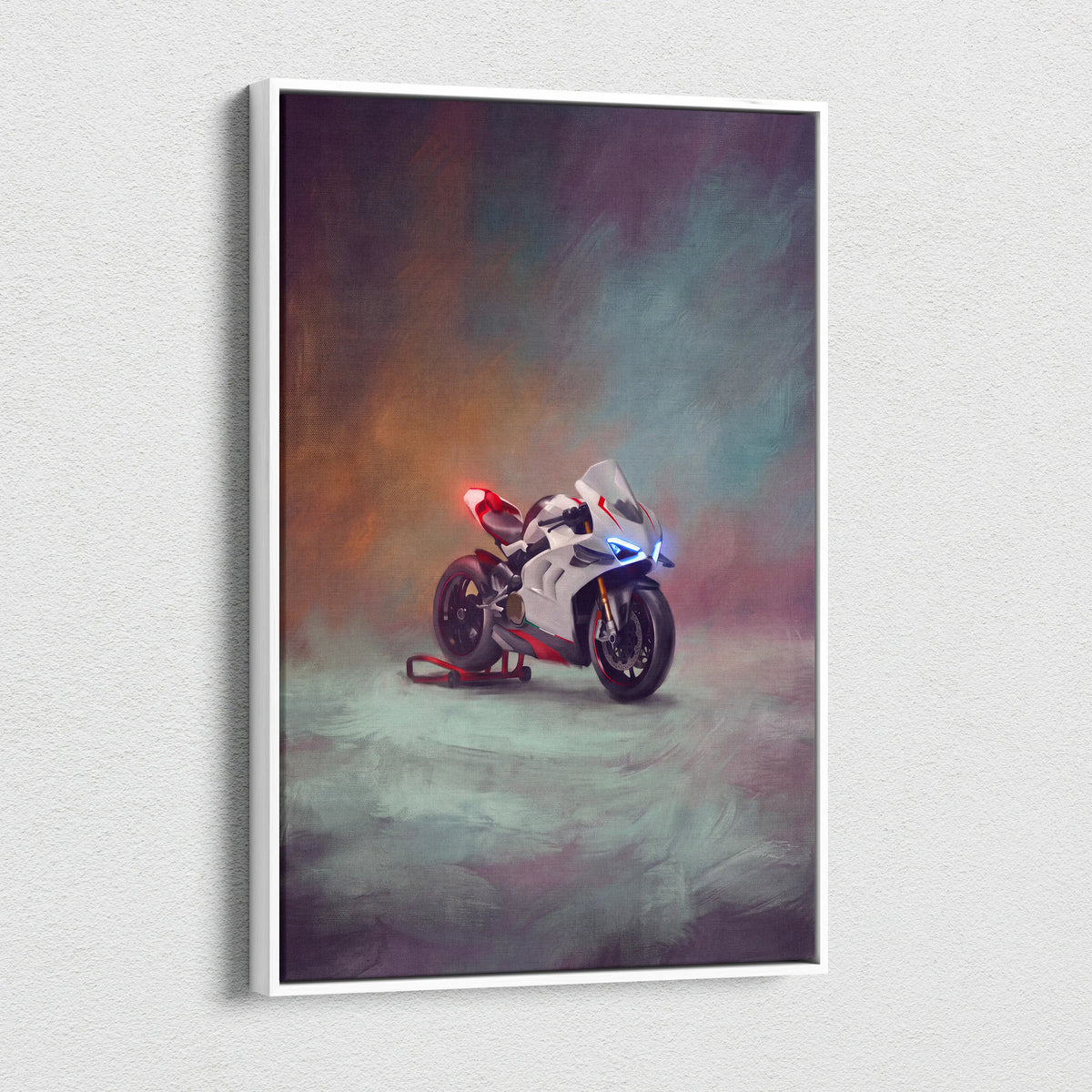 White and red Ducati Panigale V4 inspired sport bike wall art in a white frame canvas print and racing poster