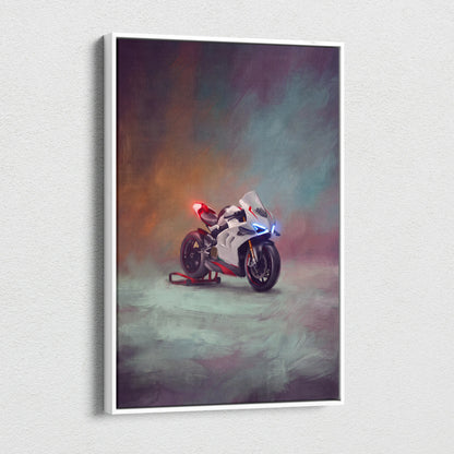 White and red Ducati Panigale V4 inspired sport bike wall art in a white frame canvas print and racing poster