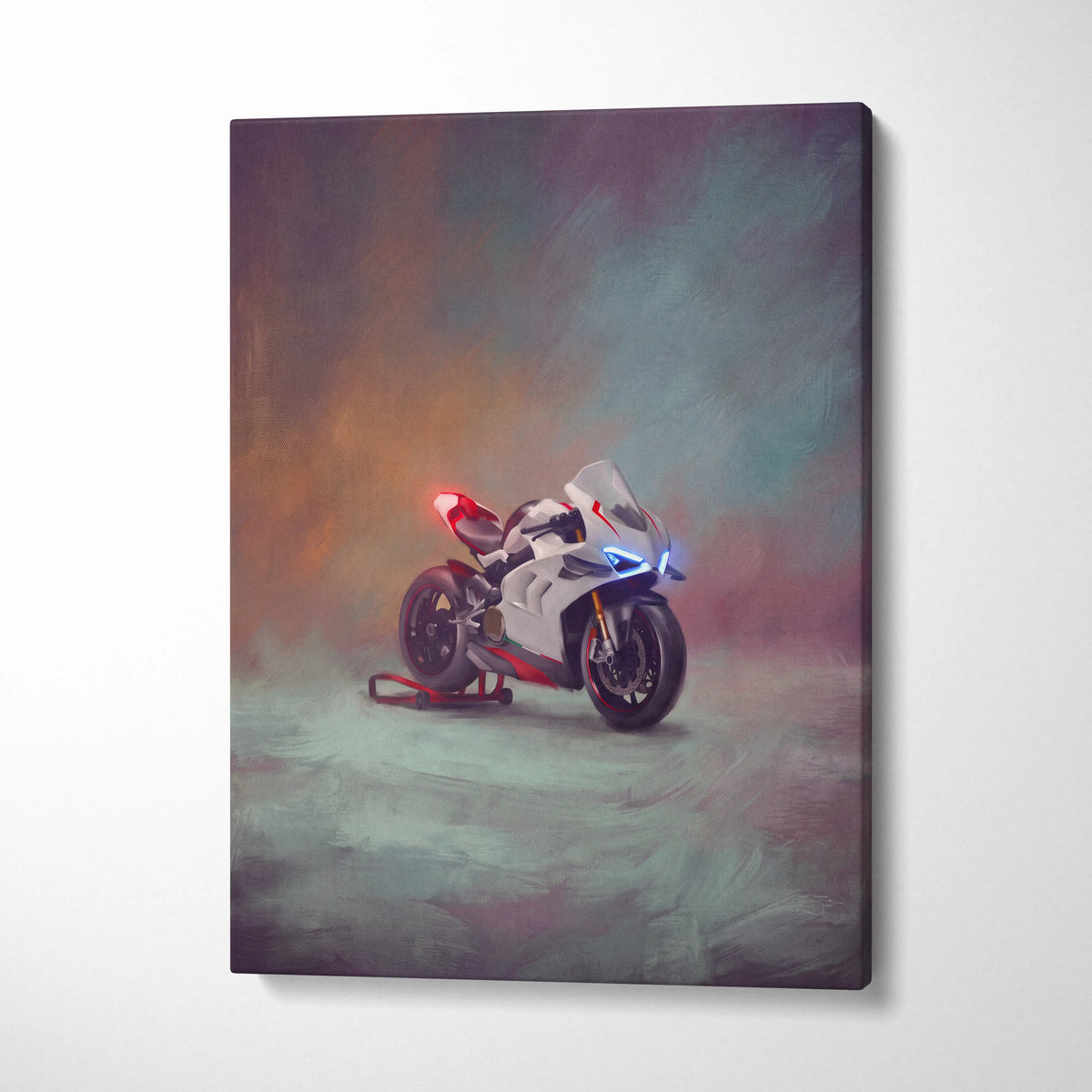 Ducati Panigale V4 inspired sport bike wall art featuring white and red Ducati motorcycle artwork on canvas
