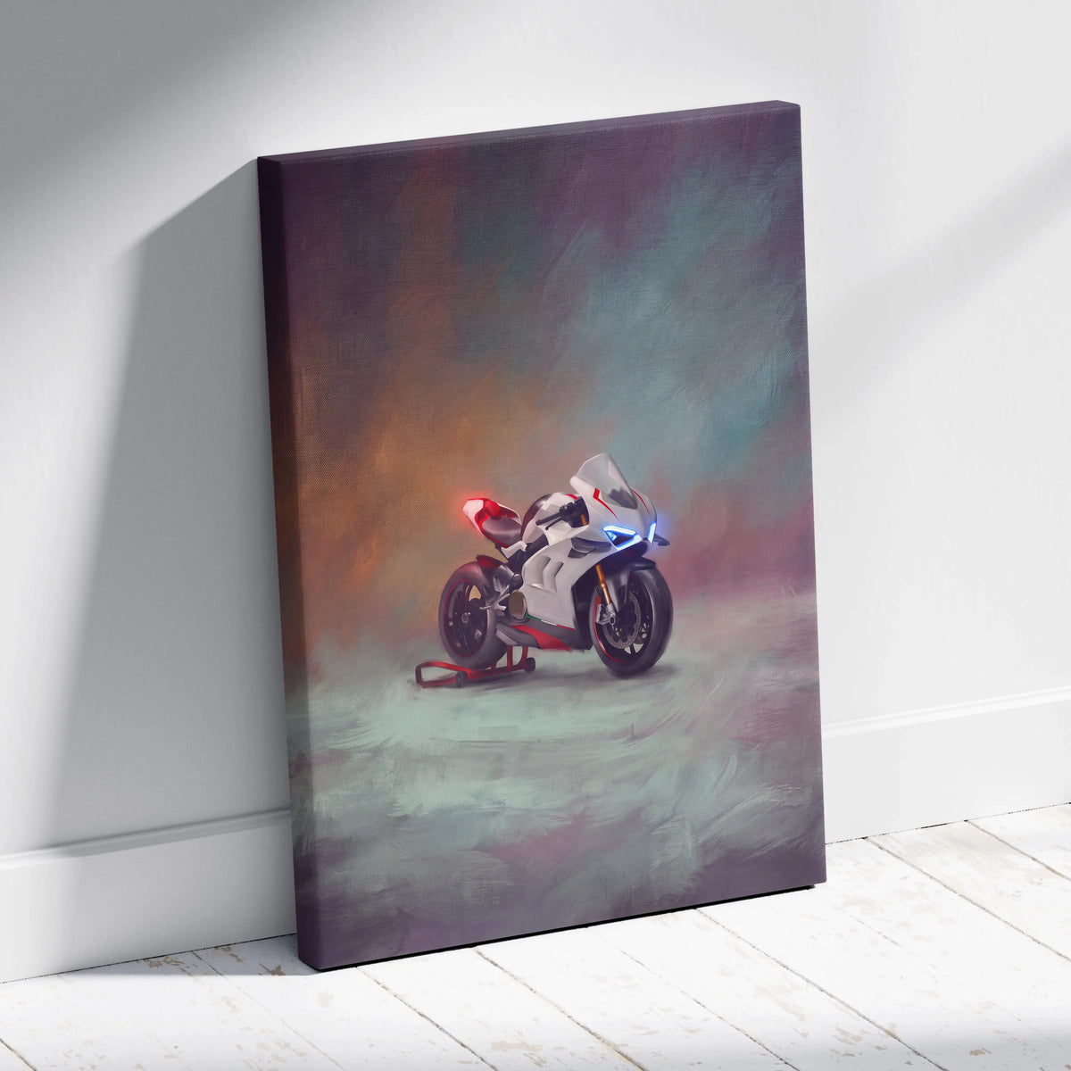 White and red ducati panigale v4 inspired sport bike painting on canvas superbike wall art print