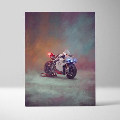 Stylized painting of white and red ducati panigale v4 sport bike with glowing blue headlights on canvas print wall art